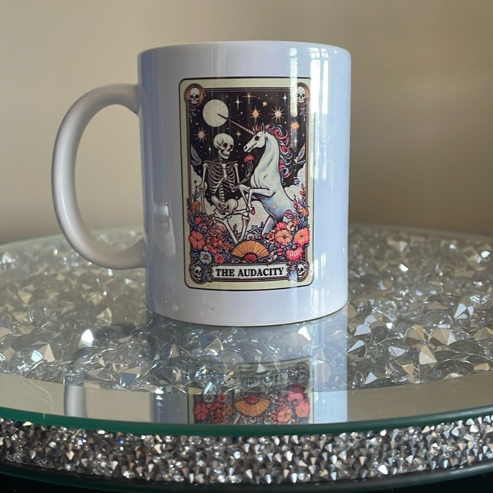 The Audacity spooky skull skeleton unicorn tarot card fortune White Ceramic Mug
